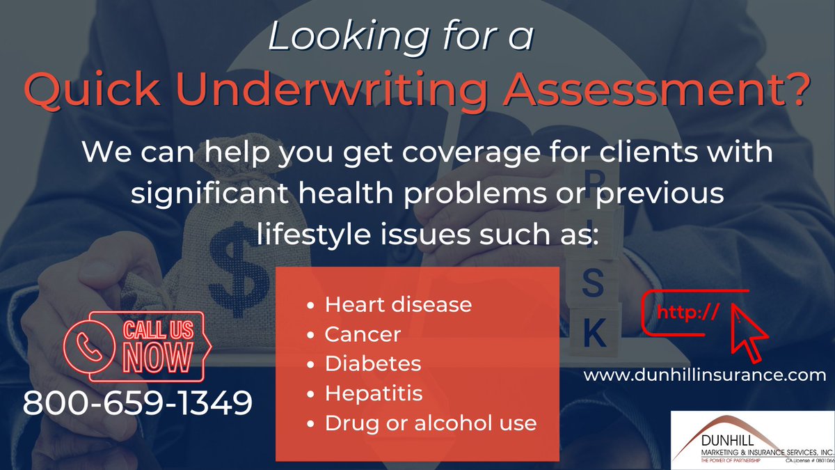 Dunhill's Underwriting Services team is here to help you get the best program, company, and underwriting offer based on your client's medical issues.
Fill out a free Impaired Risk Quote today: bit.ly/34SYifu #impairedrisk #underwriting