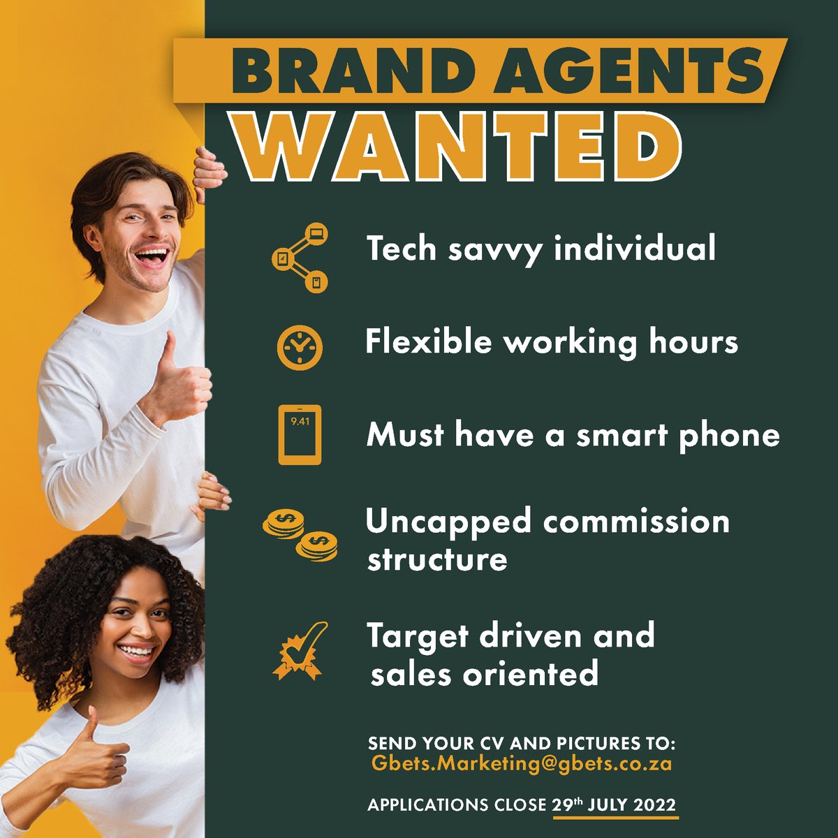 GbetsZA's tweet image. Gbets is hiring!
If you’re a young brand agent that’s smart, tech-savvy, trendy, dynamic, and adaptable, then we have a golden career opportunity for you! 

Don’t delay, send your details through to us before 29 July. 

#Gbets #GbetsRocks #GbetsWarriors #GbetsOnline #GameOn