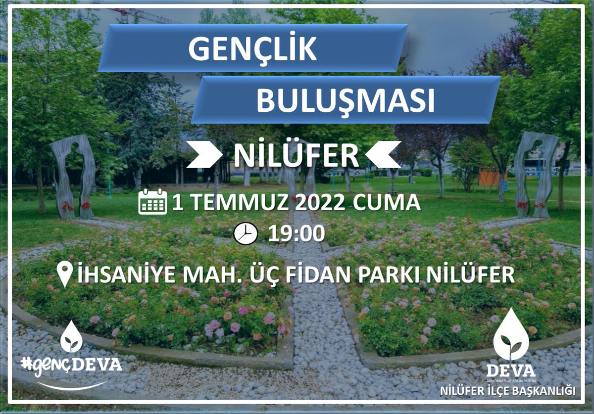 Sandalyeni kap gel! 
Yeni nesil siyaset için, yarınlarımızı konuşmaya bekliyoruz. 💧🌱

📅 1 Temmuz Cuma
⏰19:00
📍İhsaniye Mah. Üç Fidan Parkı