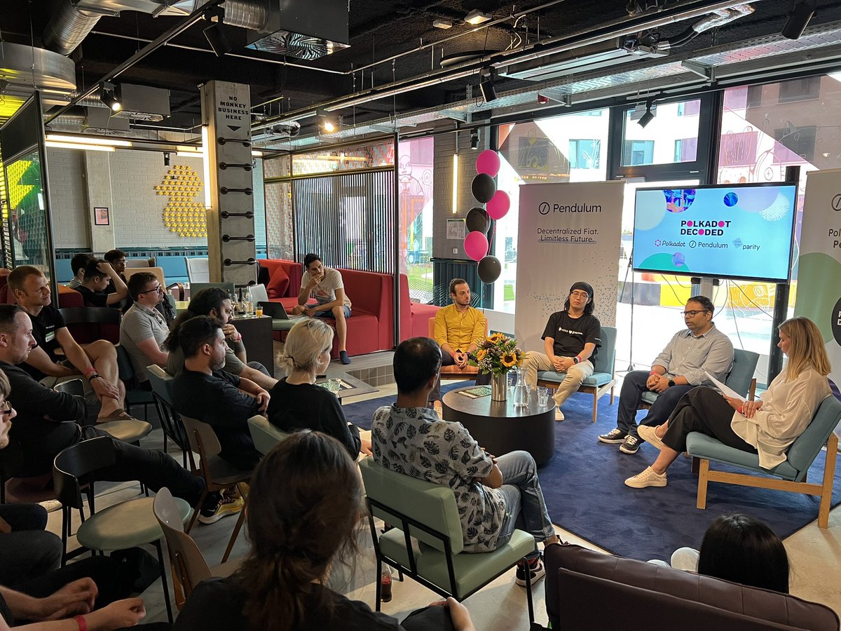 meinharrd's tweet photo. cosy atmosphere at our panel on the vision of the @Polkadot ecosystem with @bifrost_finance @AstarNetwork @hoonsubin and @gautamdhameja #PendulumHub #PolkadotDecoded https://t.co/v5LvuNzSpl