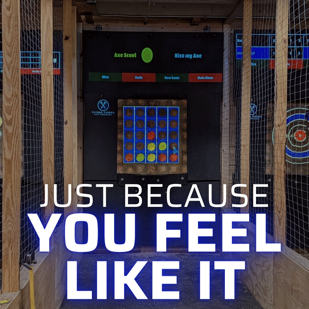 FlyingTimberAx's tweet photo. The best excuse to come to Flying Timber? Just because you feel like it! If you're itching to throw some axes or blow off some steam, we've got you covered. #JustBecause #bestexcuse #axethrowing #FlyingTimber https://t.co/Ap3mIb7zG6