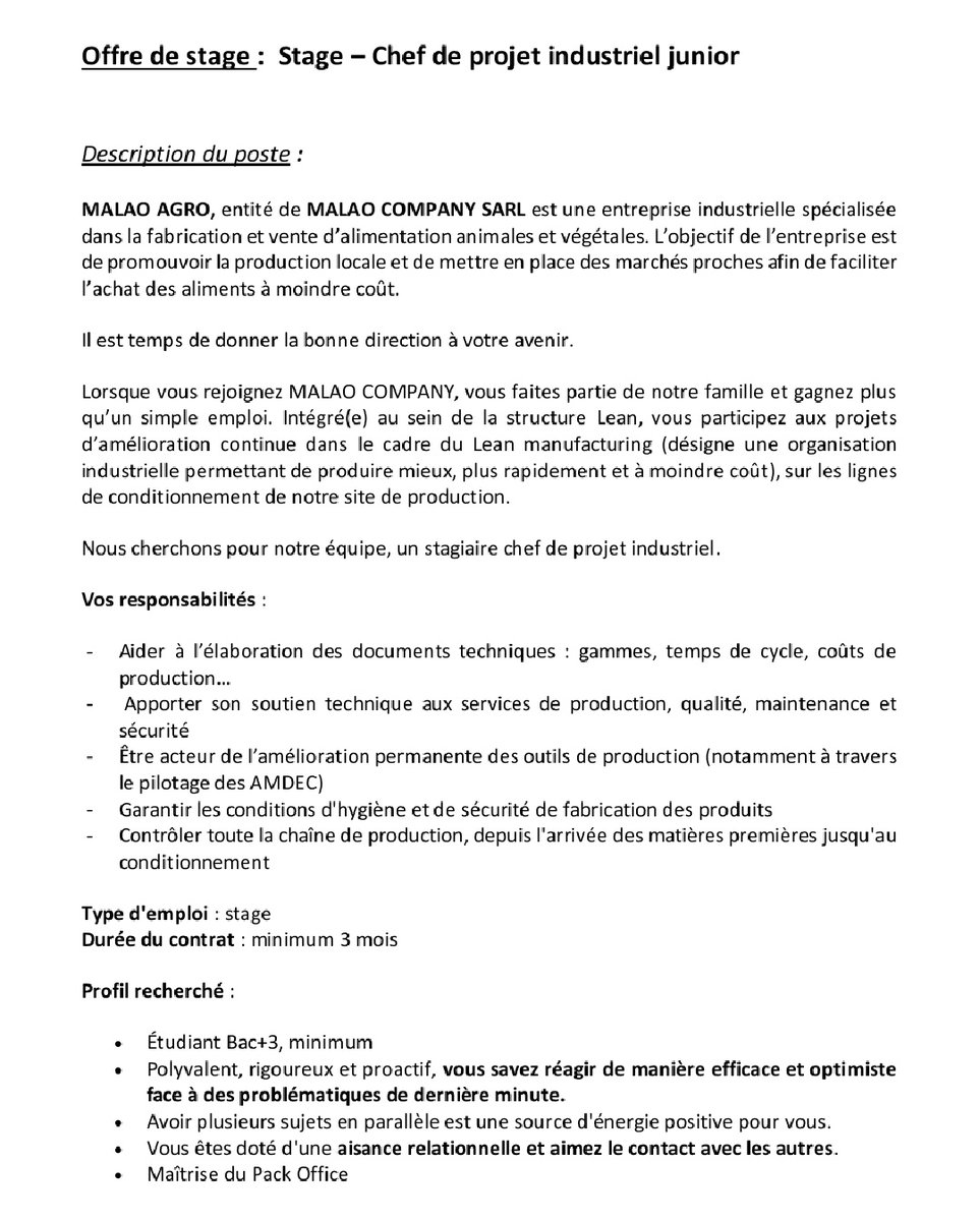 Offre de stage: Chef de production industriel
#offredestage
#macosarl