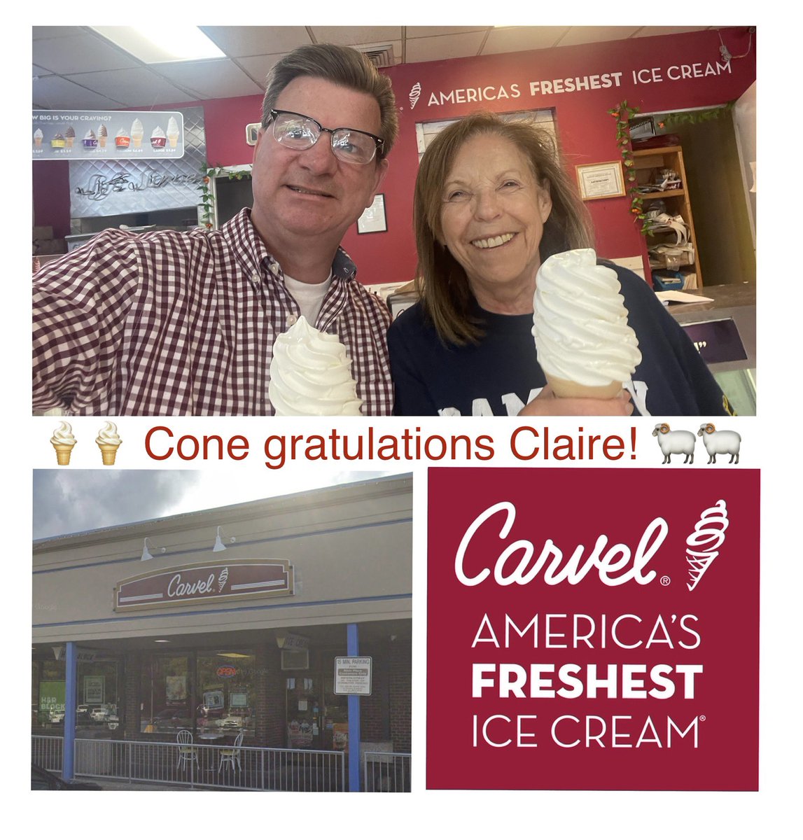 What better way to cap a 42 year career working with Ramsey students and families than one last walk down to Carvel for a cone? Cone grats to retiring counselor Claire Beslow!🐏💙💛 #RHSgratitude #ProfileOfARamseyGrad  #ClairifyPriorities #BeSlowAndEnjoyCarvel <a href="/CarvelIceCream/">Carvel Ice Cream</a>