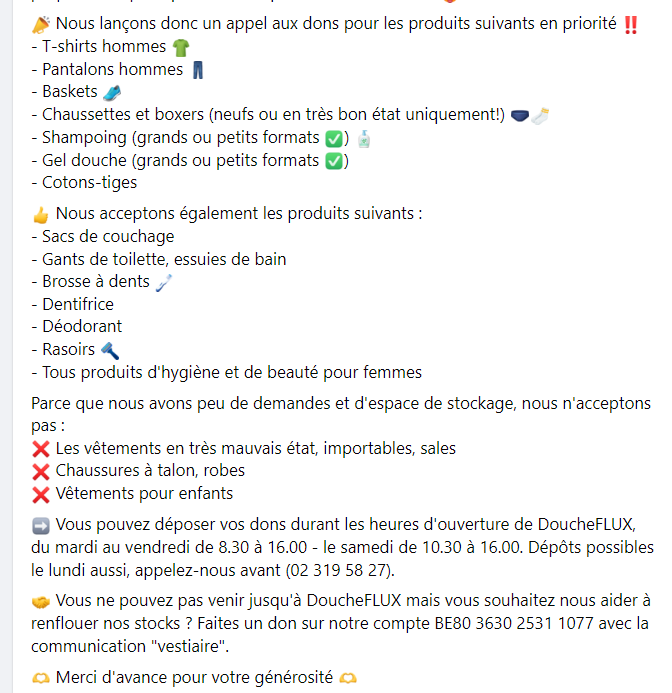 AnneLowenthal's tweet photo. #DoucheFLUX a urgemment besoin de certaines choses. Merci de bien lire la liste, de ne pas confondre ''charité'' et "parc à conteneurs'' et de partager 🙂(Je peux aussi récolter à La Louvière et sur la route LL-Bxl, les jours où je dois y aller en bagnole). https://t.co/4jIuF04Abm