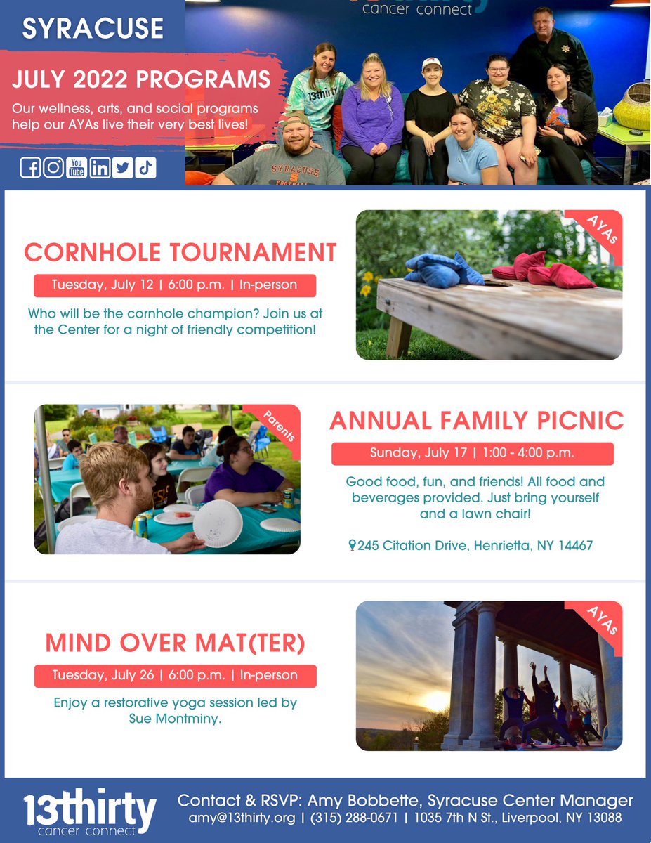 13thirtyCancer's tweet photo. Check out the July programs in #Rochester &amp; #Syracuse!

Are you an #ayacancer patient or #survivor looking to connect with others who understand? Do you know somebody who is? DM us!

#ayacancer #teencancer #youngadultcancer #cancer #cancerawareness #cancersurvivor #peerprograms https://t.co/mpdchgipXT