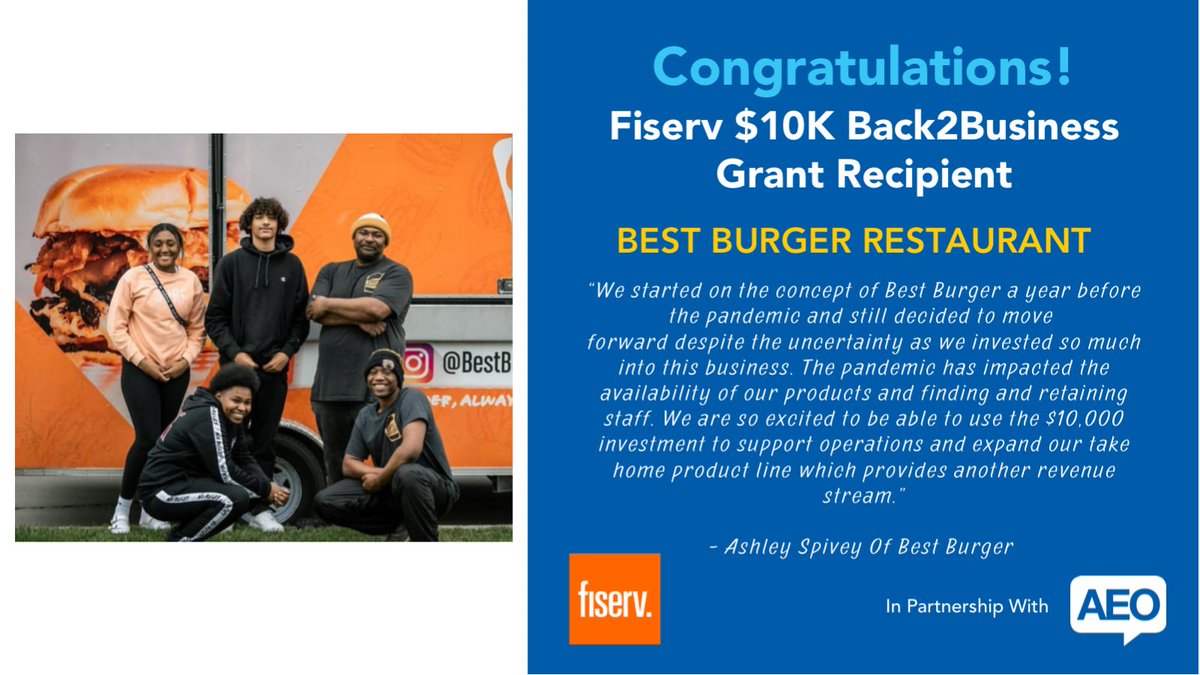 AEOworks's tweet photo. Congrats to #omahasmallbusiness Best Burger for being awarded the $10k @Fiserv @clovercommerce grant. R U an eligible Black- or minority-owned small biz?
Apply today: https://t.co/HfThvnXwIg
#Back2Business #FiservGivesBack
#CloverCommerce #AEOworks https://t.co/HqYhL8LjVM