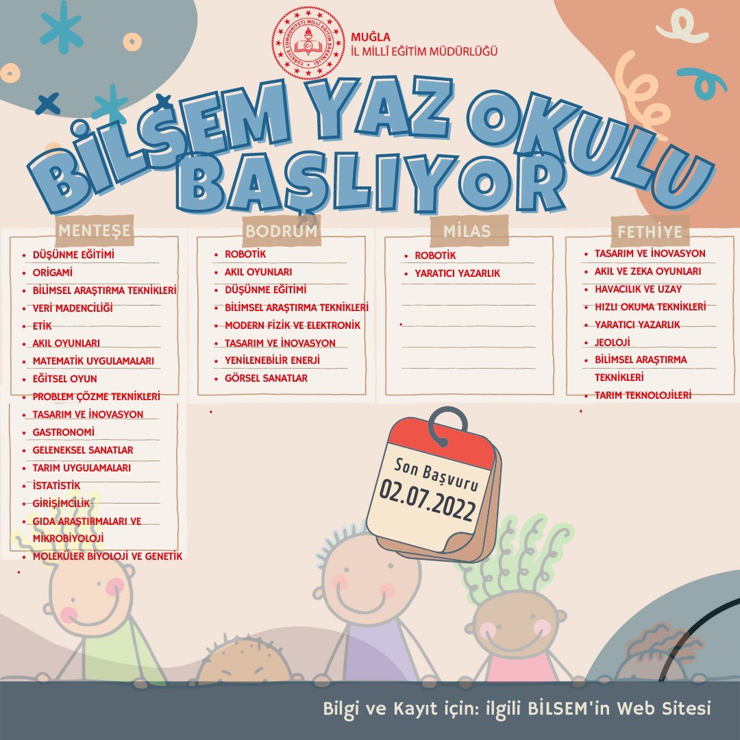 📢BİLSEM YAZ OKULU BAŞLIYOR

İlimiz genelinde faaliyet gösteren Bilim ve Sanat Merkezlerinde yaz okulları açılacaktır. Bütün öğrencilerimizin başvurusuna açık olan kurslara BİLSEM öğrencisi olmayan öğrencilerimiz de başvuru yapabilmektedir.

<a href="/tcmeb/">Millî Eğitim Bakanlığı</a> <a href="/tcmuglavaliligi/">Muğla Valiliği</a> <a href="/emrecay55/">Emre ÇAY</a>