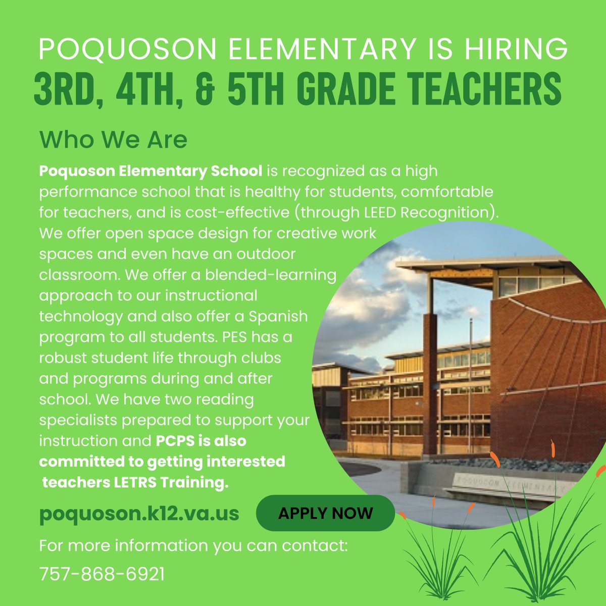 PoquosonSchools's tweet photo. PES is hiring- spread the news! https://t.co/1BfO6i1nKu