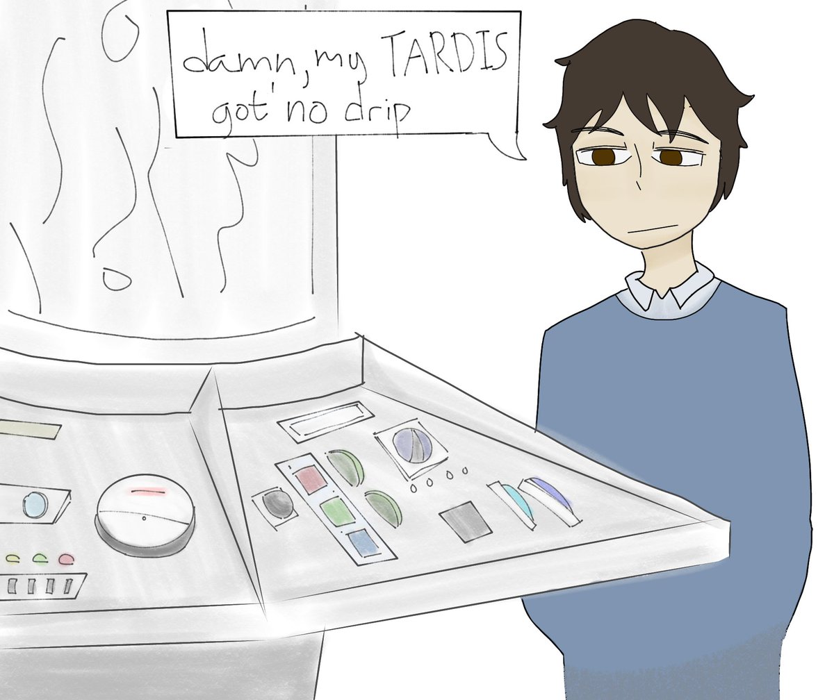 tampoine's tweet photo. A person and their dripless, newly-bought TARDIS. 
.
.
#doctorwho #tardis #doctorwhooc #originalcharacter #type40tardis #thetardis #firsttardis #doctorwhofanart #thiswasanexcusetodrawthetardis https://t.co/5NRhAuYtxG