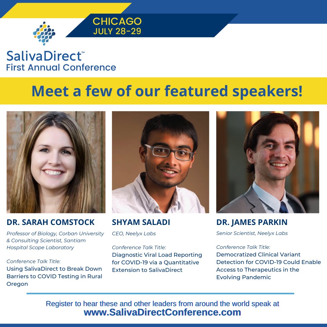 saliva_direct's tweet photo. Join us at our #SalivaDirectConference on July 28-29 in Chicago to learn from healthcare leaders like Dr. Sarah Comstock (@plhopesarah), Shyam Saladi (@ShyamSaladi), and Dr. James Parkin. Visit https://t.co/5hS3bBQgGV to register today! #SeeYouInJuly #Covid19 #TestToSave https://t.co/4ODbWtzXi1