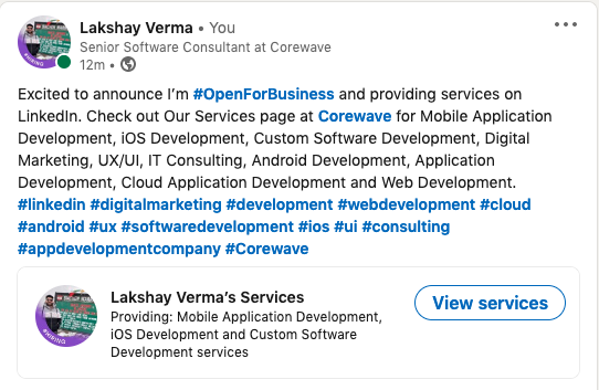 itsmelakshayv's tweet photo. Excited to announce I’m #OpenForBusiness and providing services. Check out Our Services page at @corewavetech 
.
.
.
#digitalmarketing #development #webdevelopment  #ux #softwaredevelopment #androidappdevelopment  #iosappdevelopment #appdevelopmentcompany #startup  #Corewave https://t.co/MpYWhlOpdf