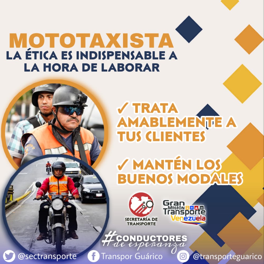 Amigo mototaxista, el buen servicio lo brindas tú. Por eso, sé amable con los clientes y mantén siempre tu ética en alto.

<a href="/josemvasquez/">José Vásquez</a>
<a href="/Gob_Guarico/">Gobierno de Guárico</a>
<a href="/Alexradical/">Alexander Freites M.</a>

#ConductoresDeEsperanza
#EnCuerpoYAlma
#TransporteGuárico