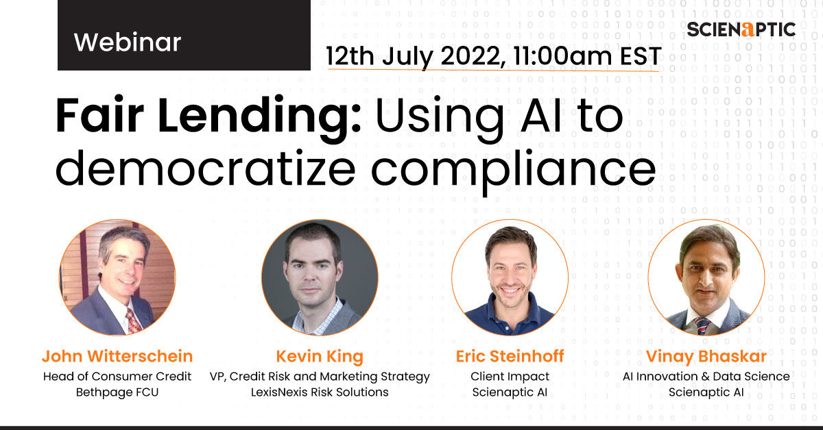 We hear you!

We'll attempt to answer the myriad of queries on compliant fair lending using AI at our next Webinar on Fair Lending: Using AI to democratize compliance!

And we’re excited to announce the panel for our webinar! 
Book your seats today!
bit.ly/3QWIWJV