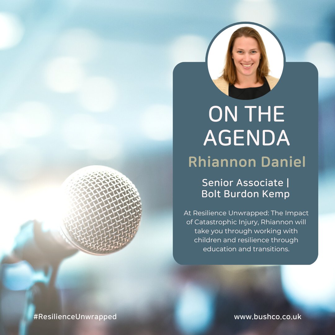 Bush_Company's tweet photo. On the agenda at ‘Resilience Unwrapped: The impact of Catastrophic Injury’ is Rhiannon Daniel, @BoltBurdonKemp presenting ‘Resilience through childhood – Education & the transition stages’. #BushCoConference #ResilienceUnwrapped https://t.co/jrDdC34uzZ