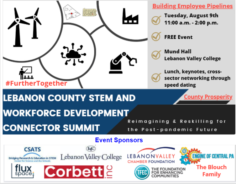 enginecentralpa's tweet photo. Lebanon County, SAVE THE DATE>  Tue, Aug 9th, 11a-2p, @LVC. #STEM #WorkforceDevelopment Connector Summit. Registration required &amp; will open soon. Cross sector event. Let's get more skin in the game in competing for national &amp; global talent. #EconomicProsperity #FartherTogether https://t.co/Z8PNkCUegi