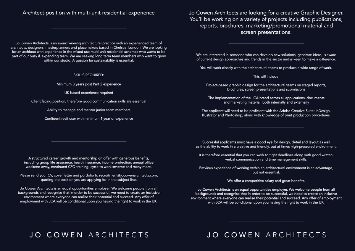 We’re looking to fill a number of roles to help strengthen our market-leading position in the UK residential and living sectors.
 
Please send a CV, cover letter and portfolio if appropriate to recruitment@jocowenarchitects.com, quoting the position in the subject line.