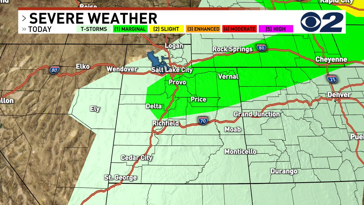 More thunderstorms will pop up across the Wasatch Front and entire state this afternoon and evening. 
The bright green color shows where some of those storms could become severe.
#KeepYourEyeToTheSky