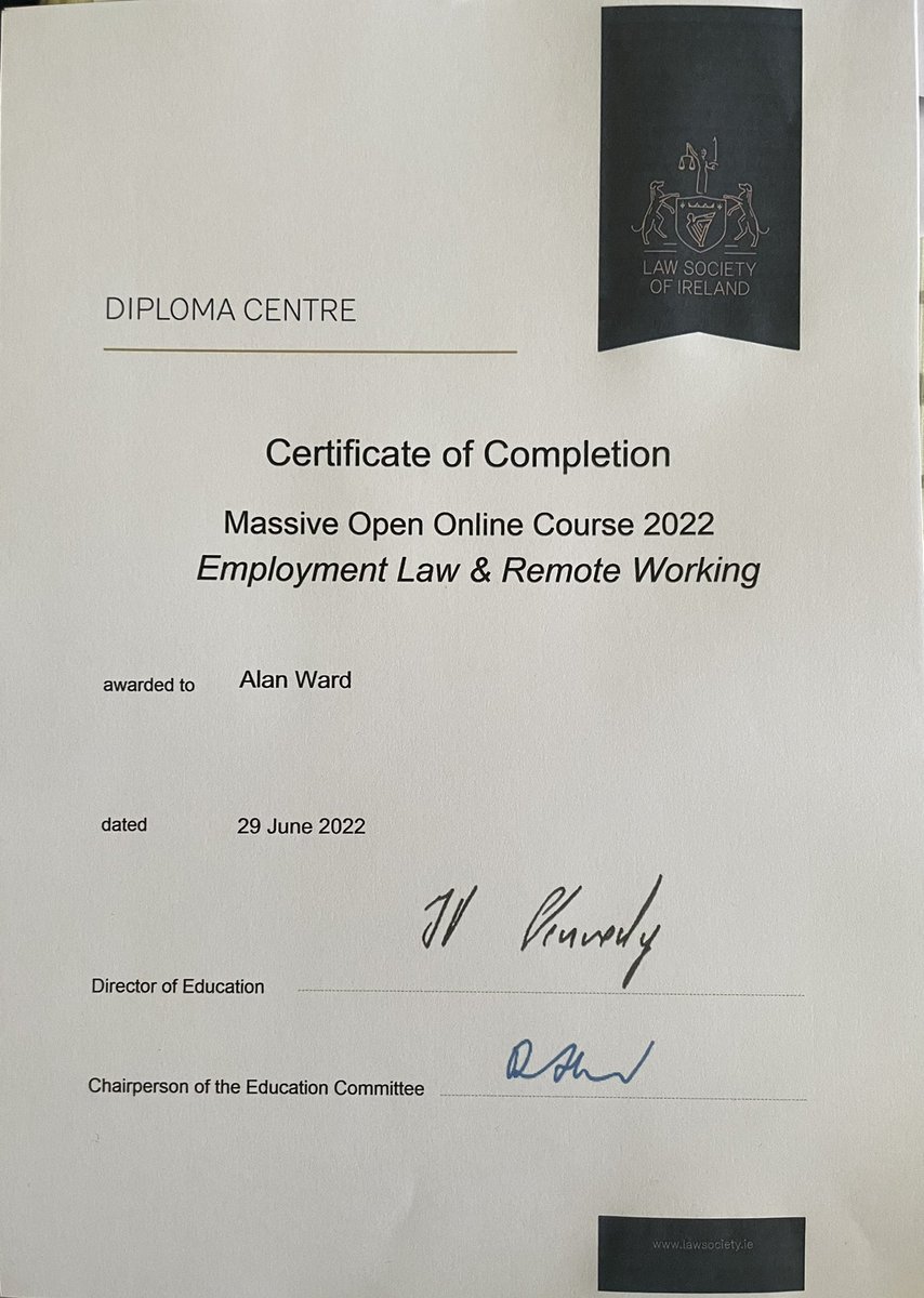 AlanWardSport's tweet photo. Really enjoyed the #RemoteWorkingMOOC with @GroganRichard &amp; the excellent @LawSocEdu guest presenters. Interesting opinions and questioning from fellow students too. A very thought provoking subject where there’s more to it than meets the eye! https://t.co/eXLC8iTQle