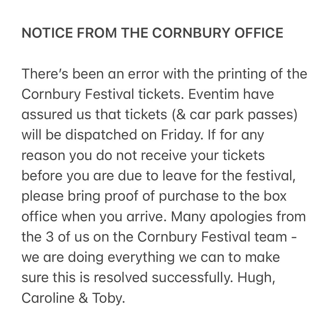 NOTICE FROM THE CORNBURY OFFICE