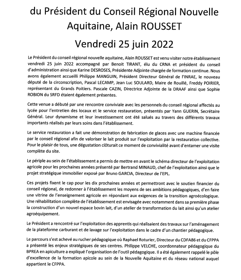 Venours_Acampus's tweet photo. Visite au lycée agricole Xavier Bernar du  président du conseil régional Nouvelle Aquitaine, Alain ROUSSET https://t.co/rJFH7sXDGt