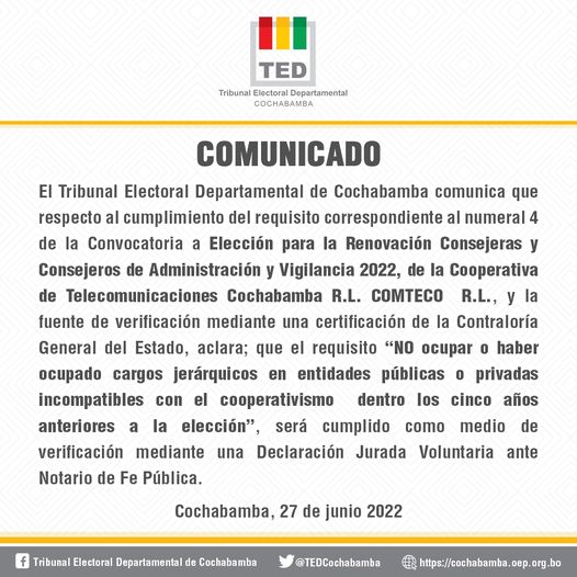 TSEBolivia's tweet photo. #Cochabamba | 📌𝐂𝐎𝐌𝐔𝐍𝐈𝐂𝐀𝐃𝐎
Elección para la Renovación de Consejeras y Consejeros de Administración y Vigilancia 2022 de #Comteco RL. https://t.co/WzyPrsEpdT