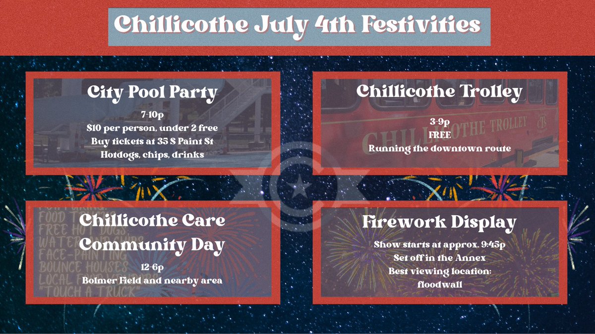 A lot of exciting activities will be available in Yoctangee Park and Downtown on the 4th of July! All wrapping up with the annual fireworks display from the Yoctangee Park Annex! #cityofchillicothe