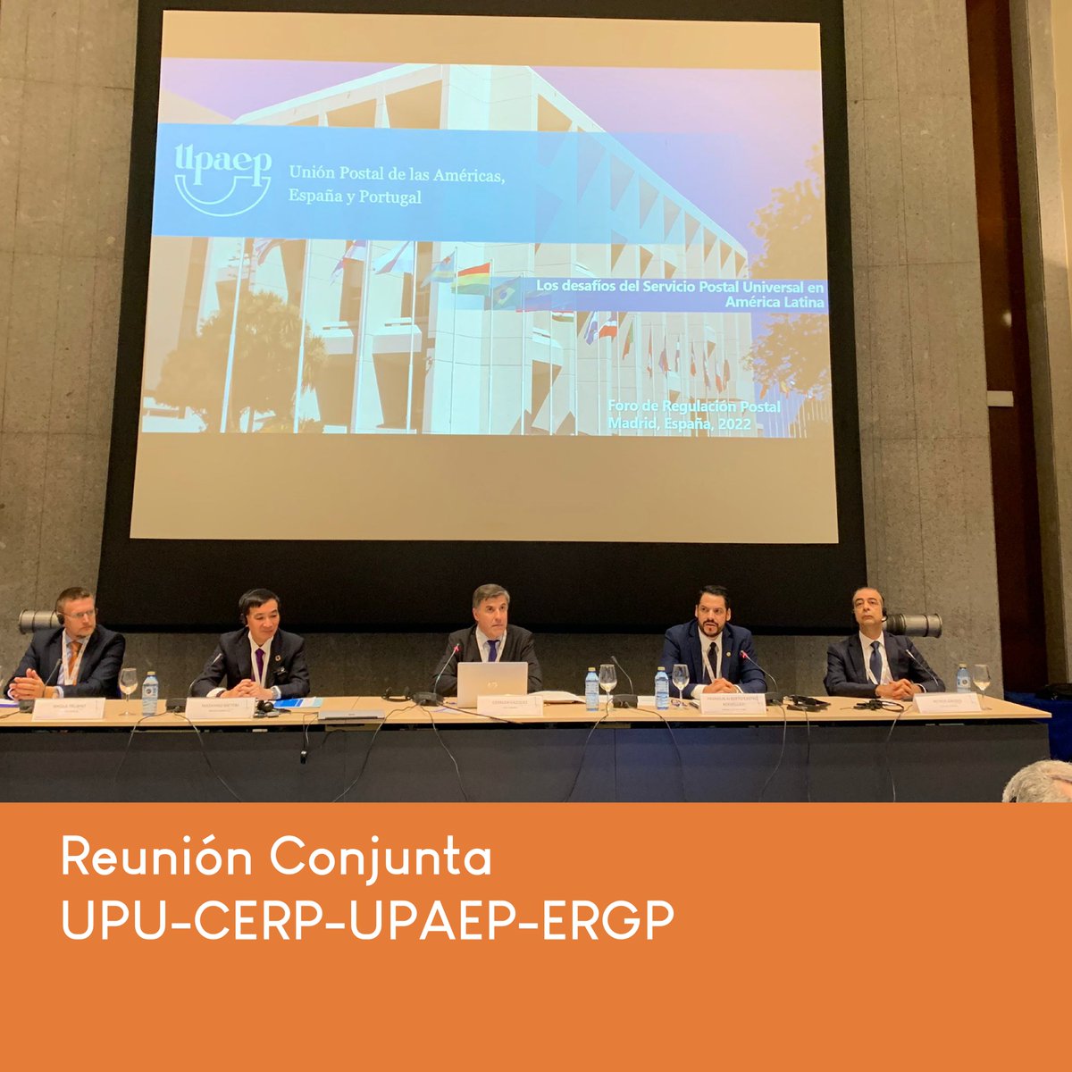 Union_UPAEP's tweet photo. En el marco de la semana postal española comenzó la Reunión Conjunta UPU-CERP-UPAEP-ERGP en la que están presentes Metoki, Director General de la @UPU_UN, @frankcast Secretario General UPAEP, Germán Vázquez, Presidente del #CERP, Petros Galides, #OCECPR y Nikola Trubint, #RATEL https://t.co/5bTXwW91AD