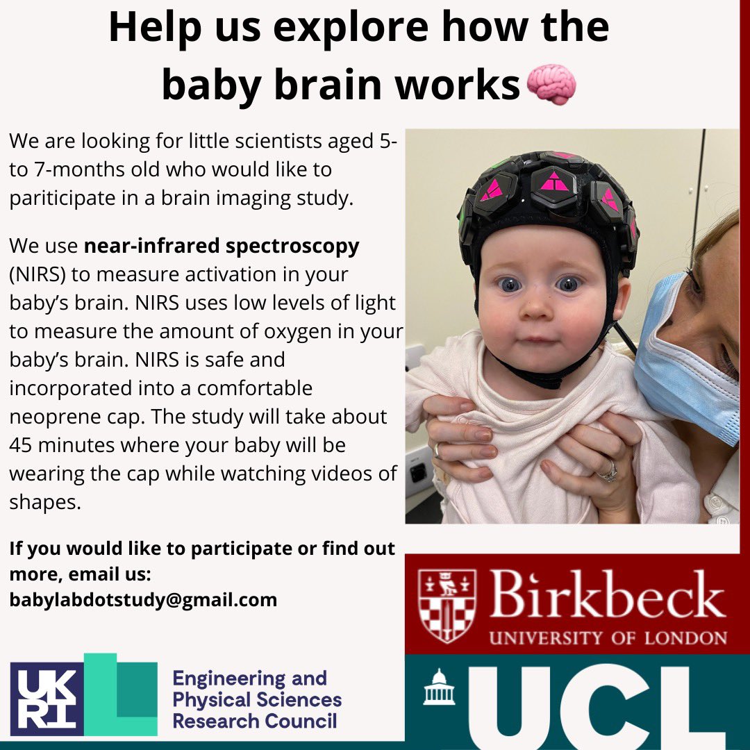 Liam Collins-Jones (@liamhywelcj) on Twitter photo 🚨 At <a href="/BirkbeckBabylab/">Birkbeck BabyLab & ToddlerLab</a> we’re running an exciting new study and we’re looking for little scientists aged 5-7 months to take part! #fnirs
🧠 We’re exploring new ways to look at babies brains to learn more about development.
❓Want to take part? Email babylabdotstudy@gmail.com 🚨 At <a href="/BirkbeckBabylab/">Birkbeck BabyLab & ToddlerLab</a> we’re running an exciting new study and we’re looking for little scientists aged 5-7 months to take part! #fnirs
🧠 We’re exploring new ways to look at babies brains to learn more about development.
❓Want to take part? Email babylabdotstudy@gmail.com
