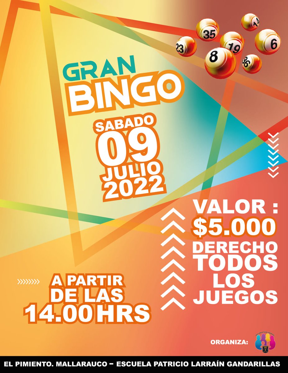 rafavallmeli's tweet photo. #Melipilla Como EL REY DEL BINGO
estaré en la animación,Escuela Patricio Larraín Gandarillas  El Pimiento Mallarauco ,todos invitados a solidarizar  con el C. General de Padres y Apoderados,   
Gran Bingo 9 de julio $ 5000 derecho a todos los juegos desde las 14:00 horas https://t.co/tbXj0FBIDD