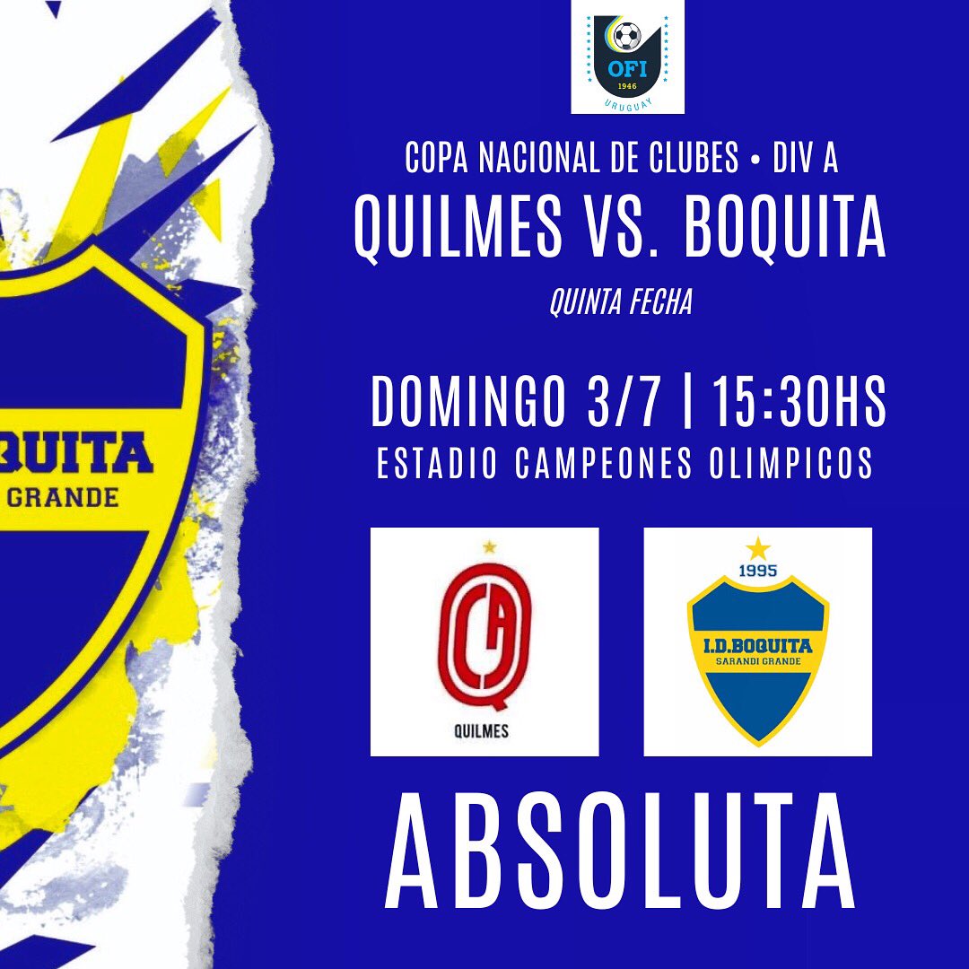 ABSOLUTA | Copa de Clubes A 🏆

🗓 Domingo 3/7 - 15:30hs.
🆚 <a href="/club_quilmes/">ClubQuilmesOficial</a> 
🏟 Estadio Campeones Olímpicos 

#vamosboquita💙💛💙 
#todosjuntosporelmismosueño🏆