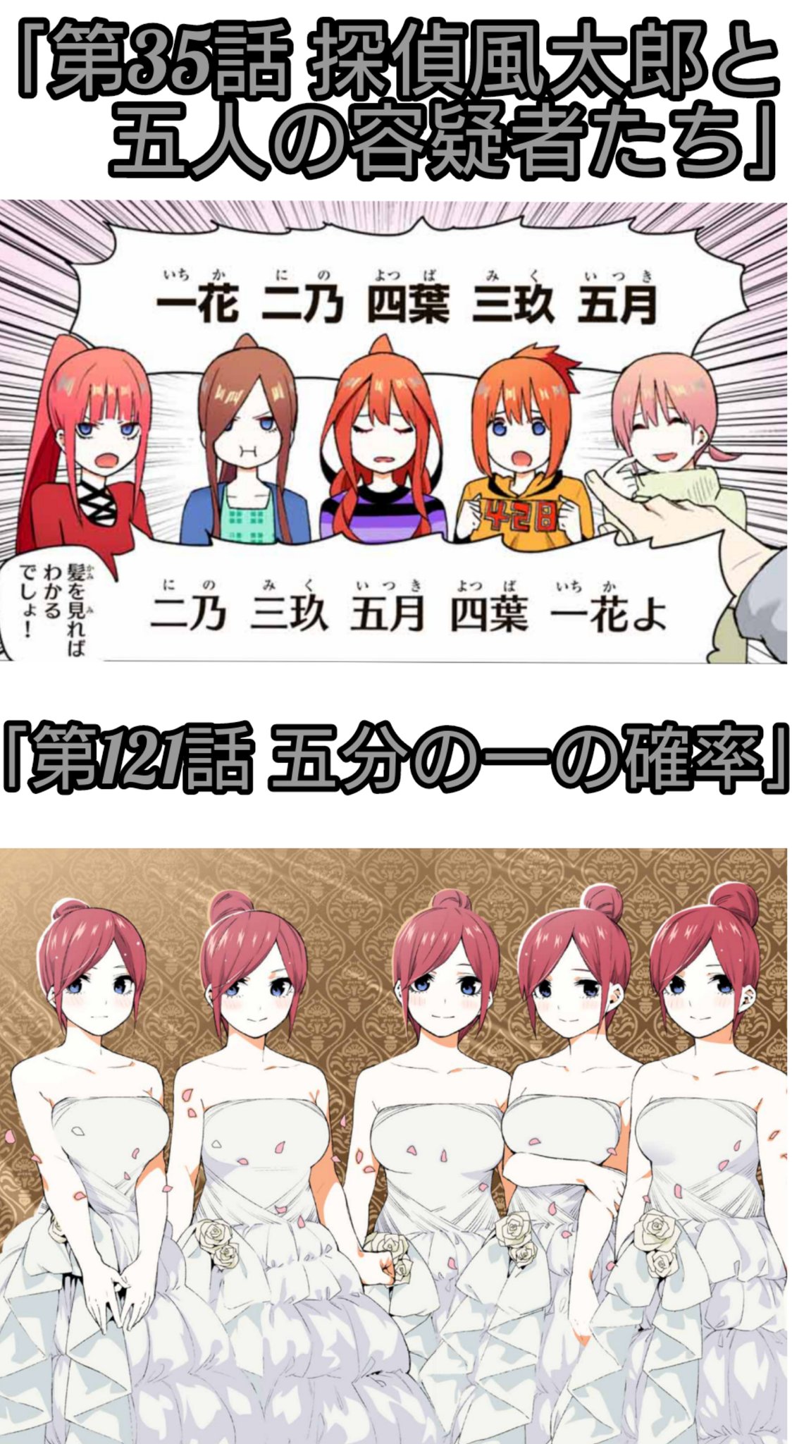 たけっ茶 四葉推し 個人的に凄い 感動など と感じた 風太郎含めて6人の伏線回収 一花 四葉に背中を押されて 後に一花 が四葉に背中を押してあげた 二乃 好きになってくれる人が地球上に1人くらいいるはず 三玖 屋上の告白 屋上でキス 四葉 リボンを付け