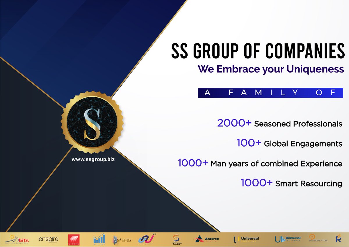 SS group of Companies - We Embrace your Uniqueness

- A company with 2000+ Seasoned Professionals

- 100+ Global Engagements

- 1000+ Man years of combined Experience

- 1000+ Smart Resourcing

#ssgroup #corporateprofile #globalengagement #Resourcing #GlobalEngagements