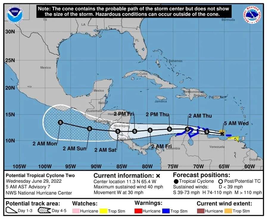 GREMNicaragua's tweet photo. El informe 7 del CNH, muestra que el PTC2 impactará a Nicaragua como una tormenta tropical y no como huracán, seguimos monitoreando.@GREMPanama 
@CREN_YN1YN https://t.co/0rRgz4Zv9n