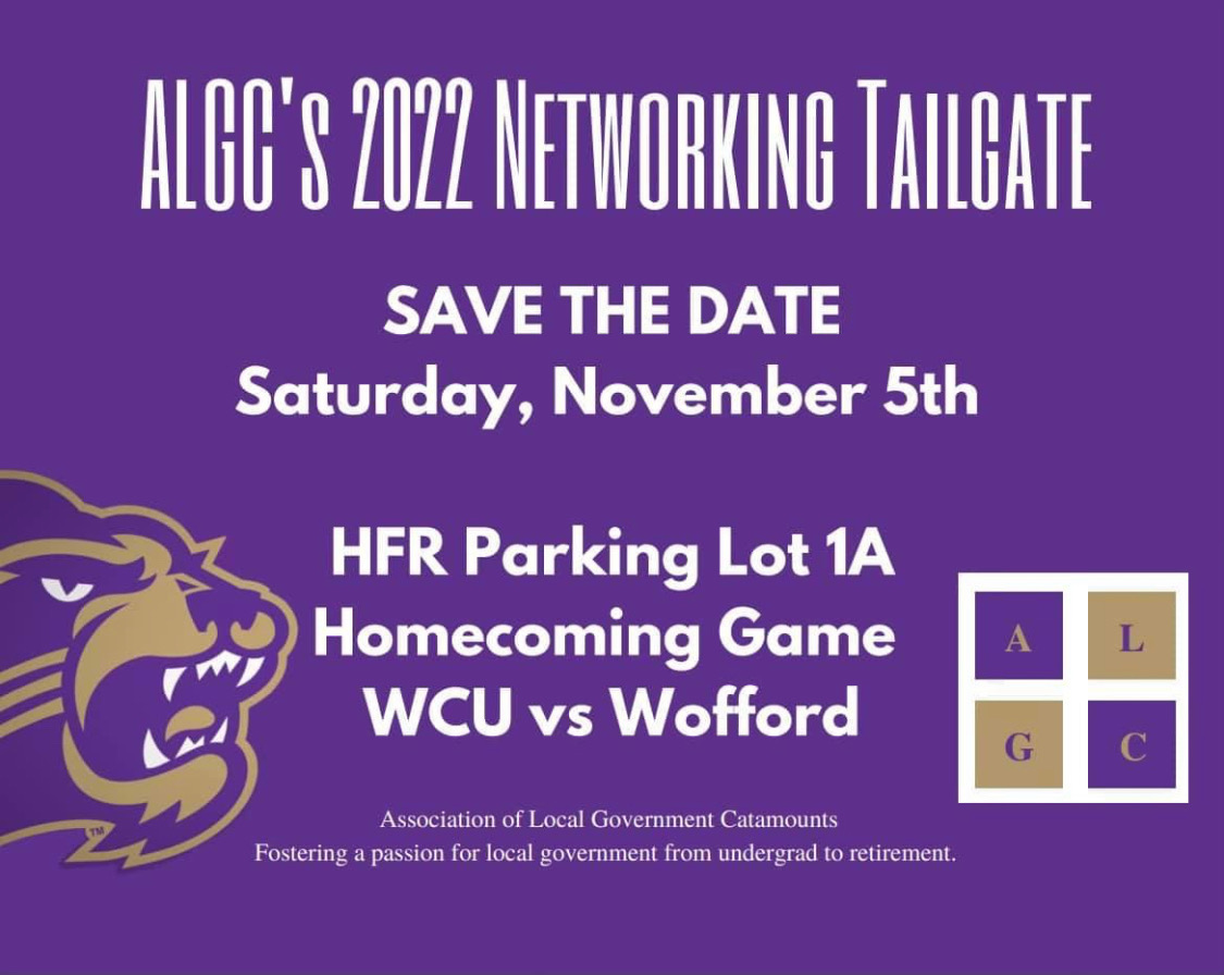 Alumni and friends of the WCU MPA program, see below. Tailgate from 11-1, kickoff at 2:00. Low country boil + pizza. Kids welcome.  

If you're wondering if you're invited, you are. Please join us!