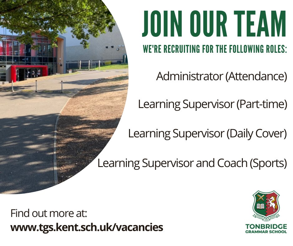 Find out more about joining the Tonbridge Grammar School team at: tgs.kent.sch.uk/vacancies
#vacancies #Tonbridge #TonbridgeGrammarSchool