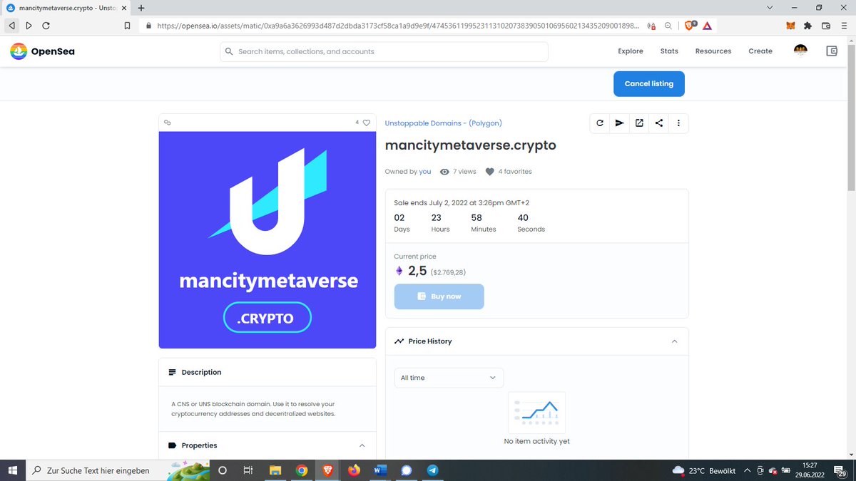 Michael99352994's tweet photo. #nftsforsale #UnstoppableDomains #NFT #NFTs #NFTCommunity  #domainsforsale #Domains #domainnames #blockchaindomains #web3 #ManCity #british

3 day sell action - mancitymetaverse.crypto
Price reduced from 25 eth to 2.5 eth. 

Offers are also possible👌

https://t.co/fKclI0uYX2 https://t.co/9X272WtzUx