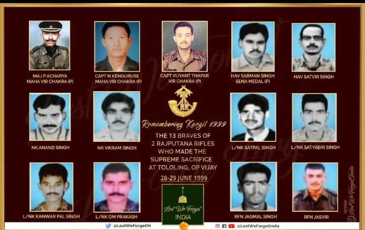 #RememberingKargil

Twenty three years ago,
2nd Battalion
#RajputanaRifles etched
Their moment of glory at
Tololing On 28-29 June In
1999 during #OpVijay

#LestWeForgetIndi️a 🇮🇳The valour & supreme sacrifice of 13 #IndianBraves of 2 RAJ RIF 
Who laid down their lives
#Kargil1999