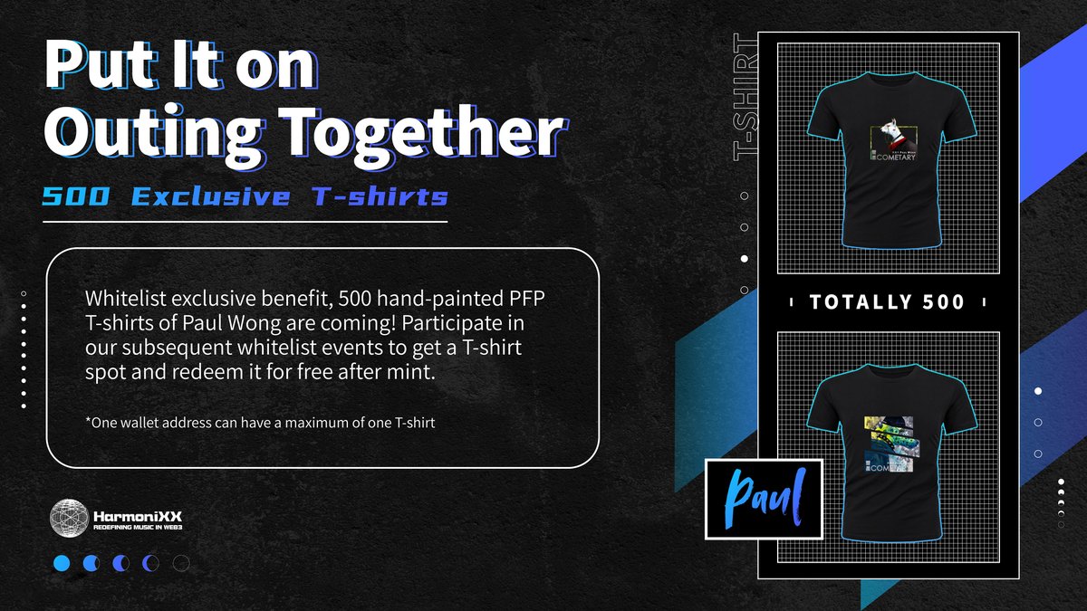 hmxnft's tweet photo. Dear #Whitelist  users,
Thanks for your great support, we would like to announce this exclusive benefit: 500 Paul Wong hand-painted T-shirts.

We sincerely invite you to our subsequent events to get the T-shirts. Let's put it on and go outing together!

#NFT #NFTGiveaways https://t.co/QXpKY20iVq