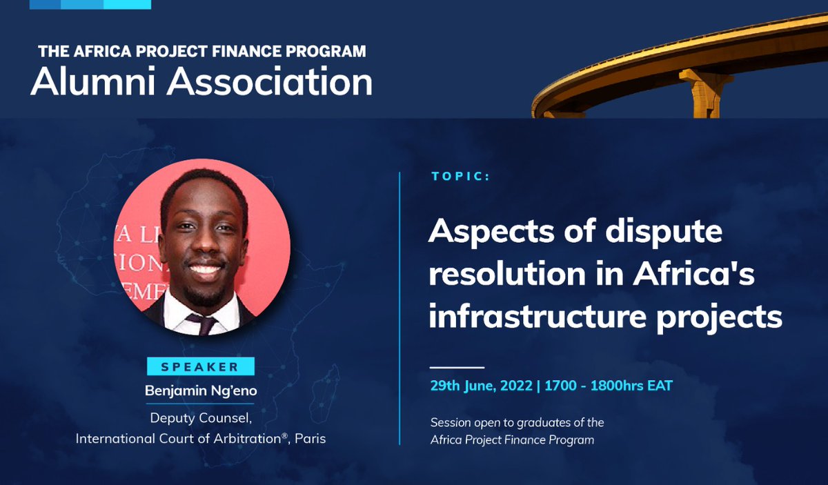 We are looking forward to hosting the Alumni as Benjamin Ng'eno, a Deputy Counsel at the International Court of Arbitration of the <a href="/iccwbo/">International Chamber of Commerce</a> explores aspects of dispute resolution in Africa's infrastructure projects <a href="/ICC_arbitration/">ICC Arbitration</a> <a href="/NCIA_KE/">Nairobi Centre for International Arbitration</a> <a href="/lawsocietykenya/">Law Society of Kenya</a> <a href="/ug_lawsociety/">Uganda Law Society</a>