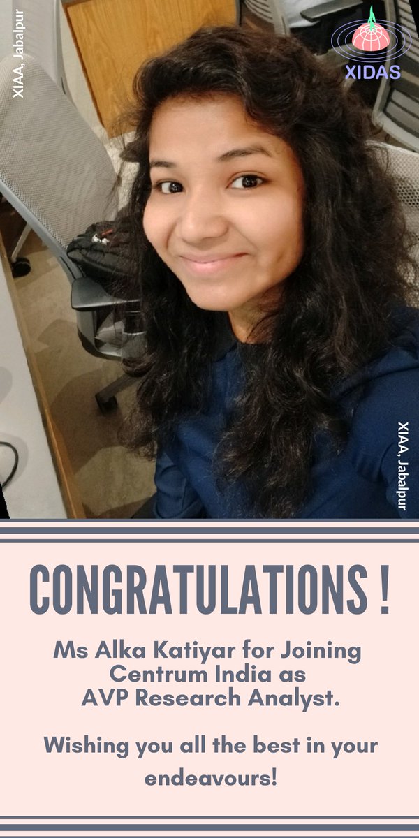 XIMJabalpur's tweet photo. #XIDAS #xaviersjabalpur #student #MBA #PGDM
XIDAS Staff &amp; Alumni Association Congratulates and wishes all the best to Ms Alka Katiyar, an Alumnus of XIDAS, PGDM, for Joining Centrum India as AVP Research Analyst.
https://t.co/0mbRd2ZBli https://t.co/hFaurt4EqI