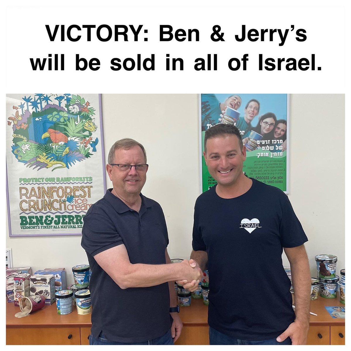 michaeldickson's tweet photo. VICTORY: Ben and Jerry's will continue to be sold in all of Israel. A victory for common sense and coexistence and a defeat for discriminatory boycott campaign. I just spoke with Avi Zinger, Israeli CEO of the company who fought the boycott to the end. https://t.co/FZgVLH2QzH