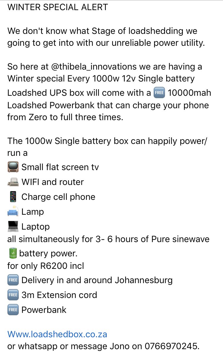 Joseph_Gomez86's tweet photo. @lasizwe Call Jonathan, this is electricity in a box. It charges when electricity is on and stays on for up to 6hrs, all depending on which one you buy. Call Jono on 076 697 0245. [ Proudly South African product and company 🇿🇦] https://t.co/AkKJ2BJkJn