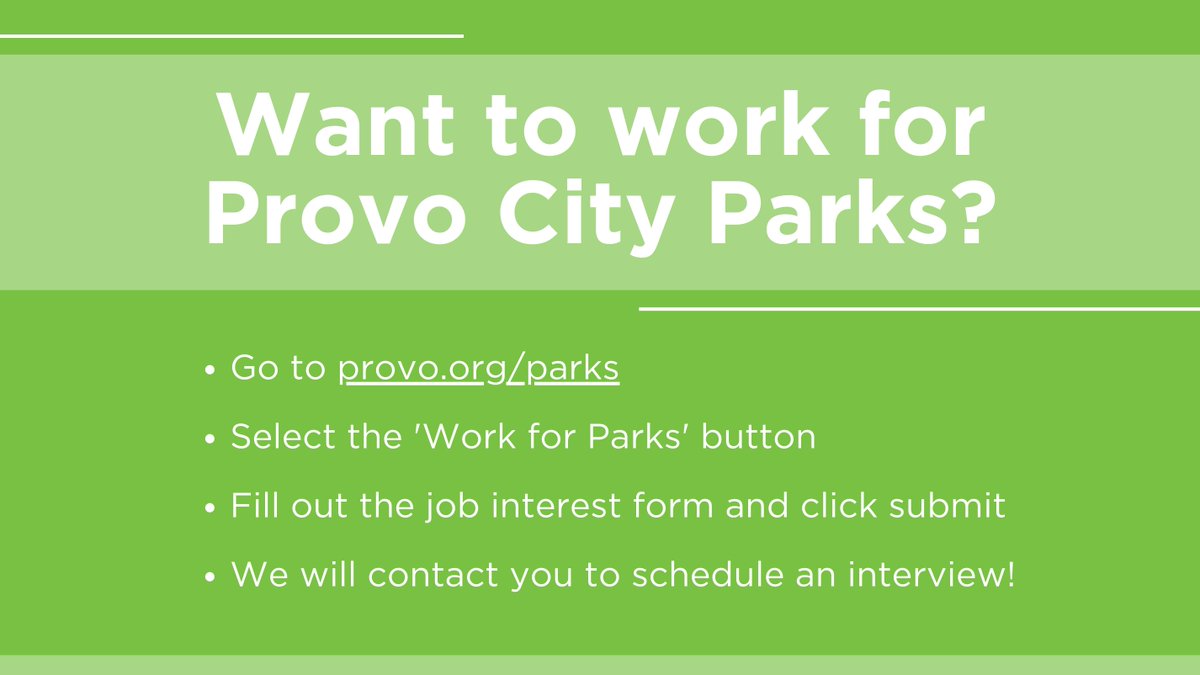 ProvoParks's tweet photo. Want to work for Provo City Parks? Fill out a job interest form and we will contact you! Go to https://t.co/iKMm8fPXZL to get started.
@provocity https://t.co/0kK8gJVTtF