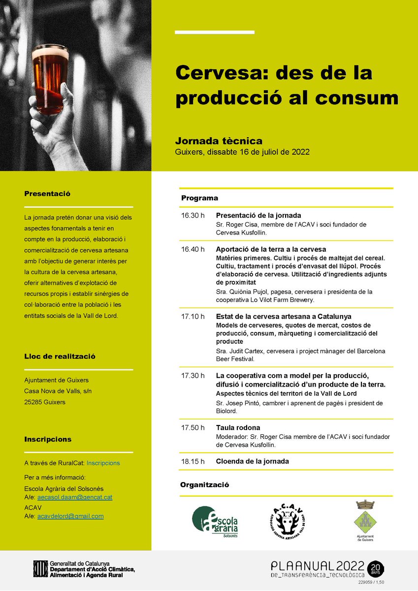 easolsones's tweet photo. Jornada sobre producció, elaboració i comercialització de cervesa artesana dissabte 16 de juliol a #Guixers
Inscripcions a https://t.co/ycIdI4K0c0 https://t.co/0gXUxZMlkj