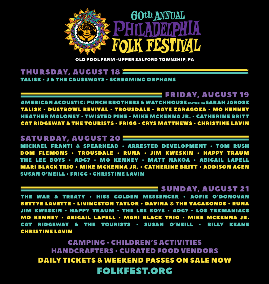 FolkPhilly's tweet photo. Your Daily Lineup Has Arrived 🌞🤘 Find out when your favorite artists take the stage and begin planning your musical adventure today! Weekend-long and single-day passes are on sale now at https://t.co/ncVmErZUSP

Stay tuned! More artists, workshops, and classes to come! 👀 https://t.co/Ht1ISlbkZ5
