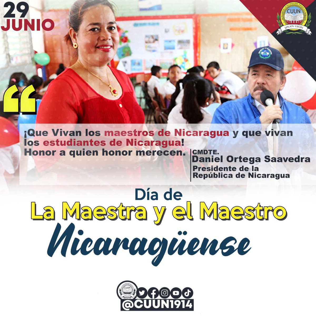 #29DeJunio || Saludamos a nuestros maestros nicaragüenses.
#4319FuerzaDeVictorias 
#CUUN1914
