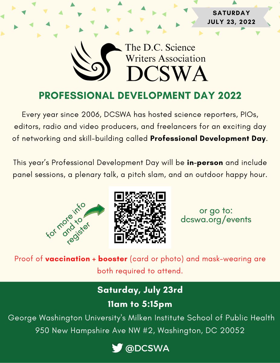 Attention science writers and communicators! <a href="/DCSWA/">DCSWA 🐥</a> is having our Professional Development Day on July 23, both in-person and online! We are excited to have panels on making podcasts and video, dealing with harassment, and more!

Deets + registration here:
dcswa.org/event/professi…