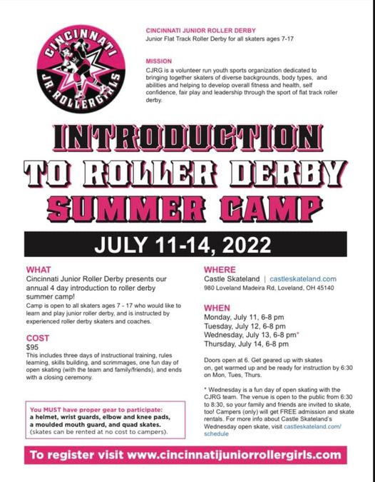 cincyjuniorder1's tweet photo. Introduction to Roller Derby camp is getting close, but there's still plenty of time to sign up! All genders ages 7-17 are welcome to come experience roller derby. If you try it and you love it, everyone is welcome to join next season's team beginning in September!!!!!!!!! https://t.co/BFWiZfpnRN