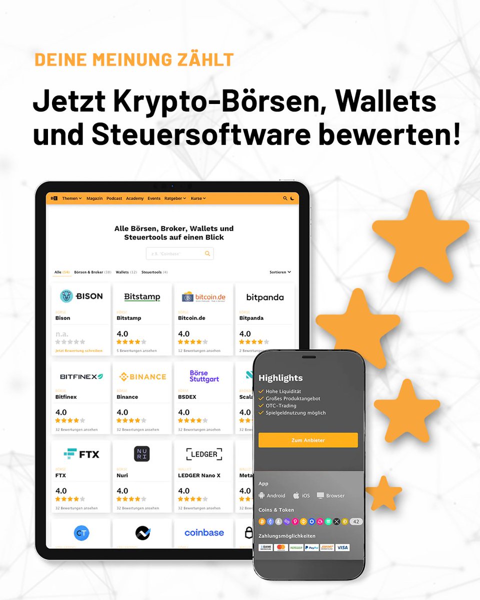 btcecho's tweet photo. 💡 Deine Erfahrung ist gefragt: Gehe jetzt zu unseren Reviews und bewerte #Krypto-Börsen, #Broker, #Wallets und #Steuersoftware! ▶ https://t.co/V1zQaHWr4g
Hohe #Gebühren? Wie schnell hilft der #Support? Wie lange dauern Ein- und Auszahlungen? #Benutzerfreundlichkeit? https://t.co/K2WkD8JENY
