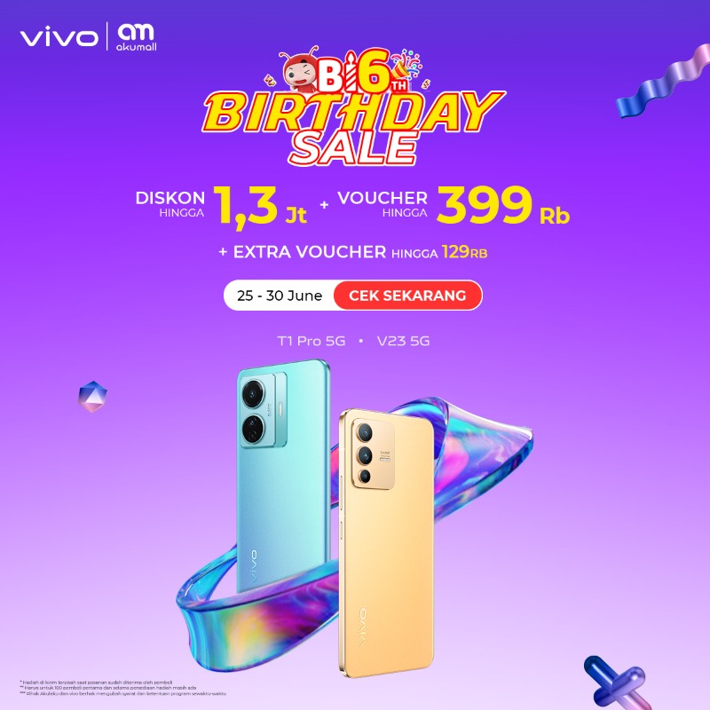 vivo_indonesia's tweet photo. BIG BIRTHDAY SALE!!! Beli #vivoT1 Pro 5G atau #vivoV235G di Akumall bisa dapat banyak promo, cek di sini:
✅ Diskon hingga 1.3JT
💯 Voucher up to 399RB
💰 Extra voucher hingga 139RB
Hanya sampai 30 Juni, jangan sampai kehabisan ya!
Yuk langsung klik di sini 👇🏻